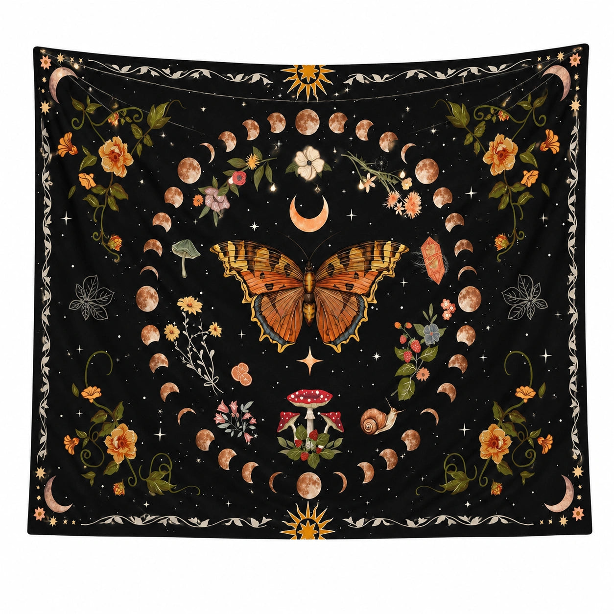 Tenture murale bohème papillon noir motifs lunaires et floraux 130x150 cm