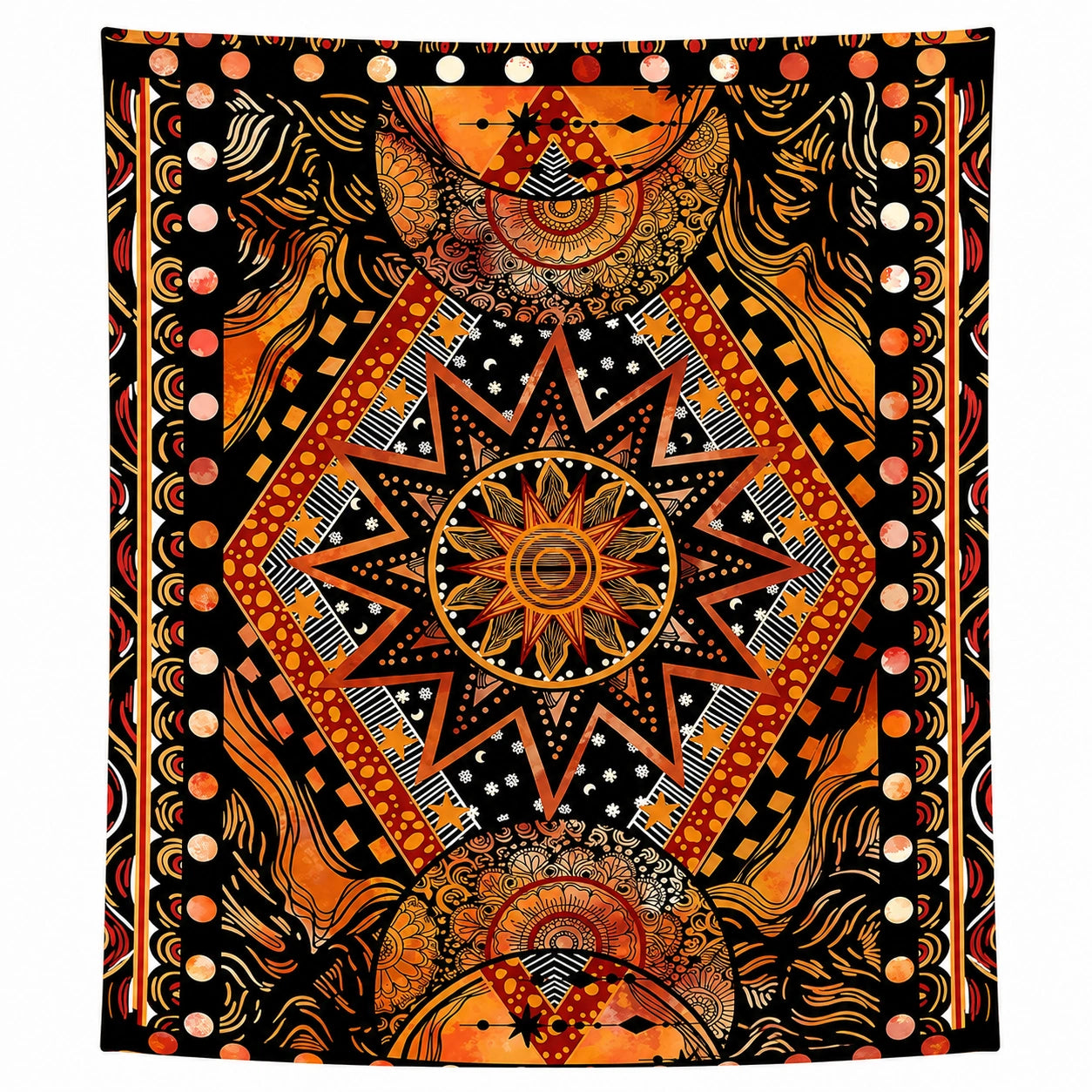 Tenture Murale Mandala Ronde Bohème Ethnique Orange et Noir