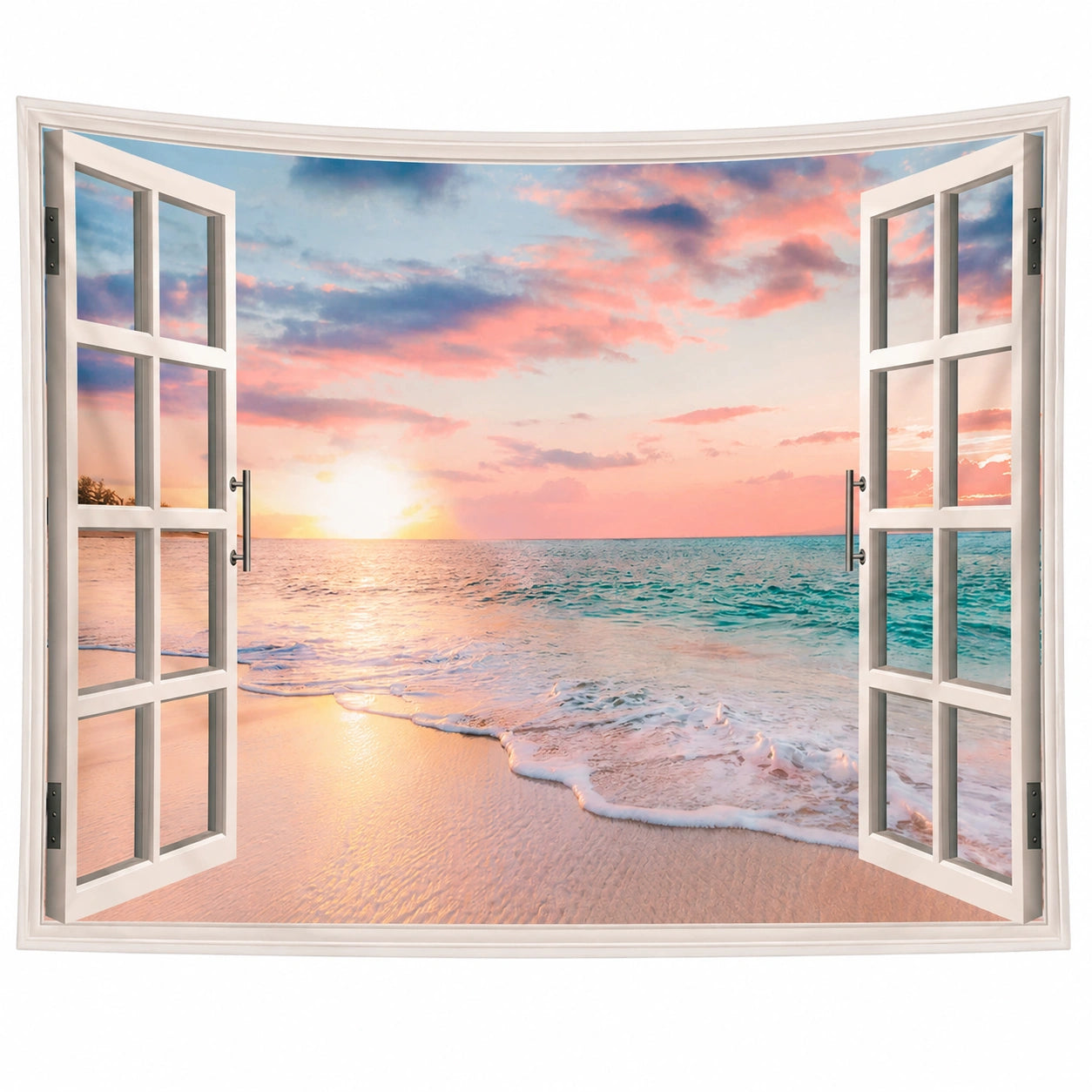 Tenture Murale Fenêtre Plage Coucher de Soleil Multicolore