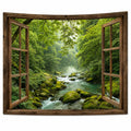 Tableau mural paysage forêt avec fenêtre ouverte en vert et bois