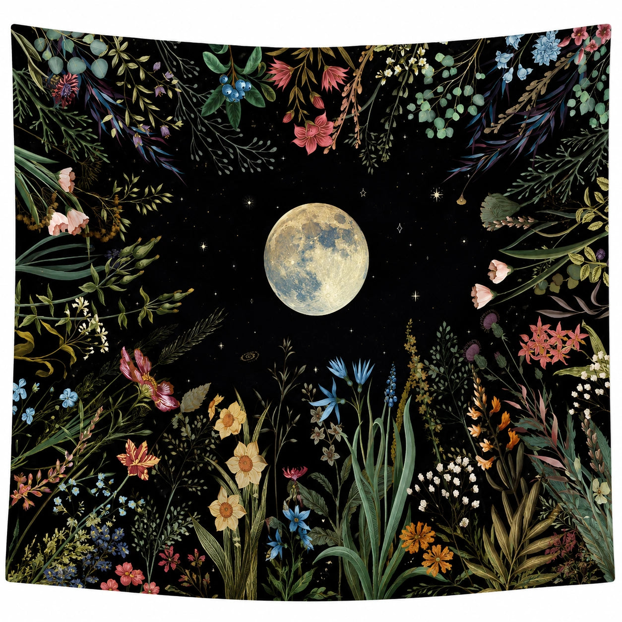 Tenture Murale Ciel Étoilé et Fleurs Colorées