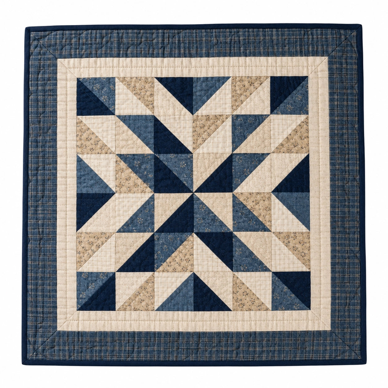 Couverture patchwork géométrique bleu et beige 120x120 cm