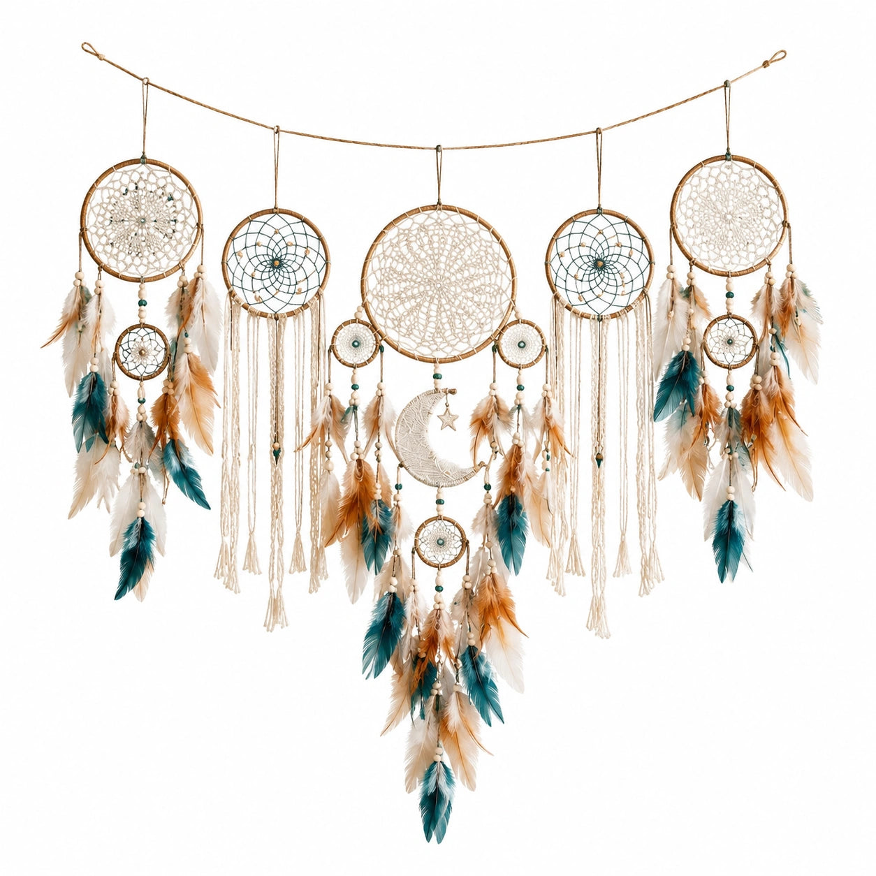 Attrape-rêves mural bohème avec plumes beige, bleu et marron