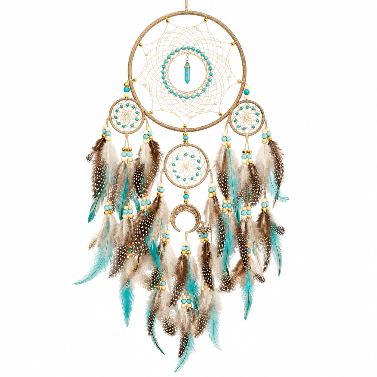 Attrape-rêves bohème artisanal avec plumes turquoise et marron