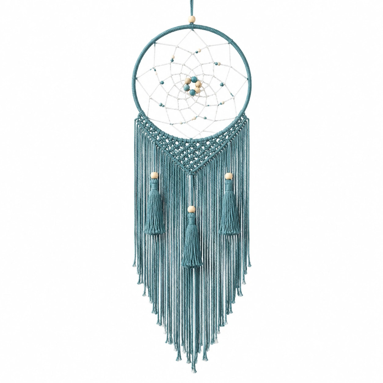 Attrape-rêves mural macramé bleu avec pompons et perles
