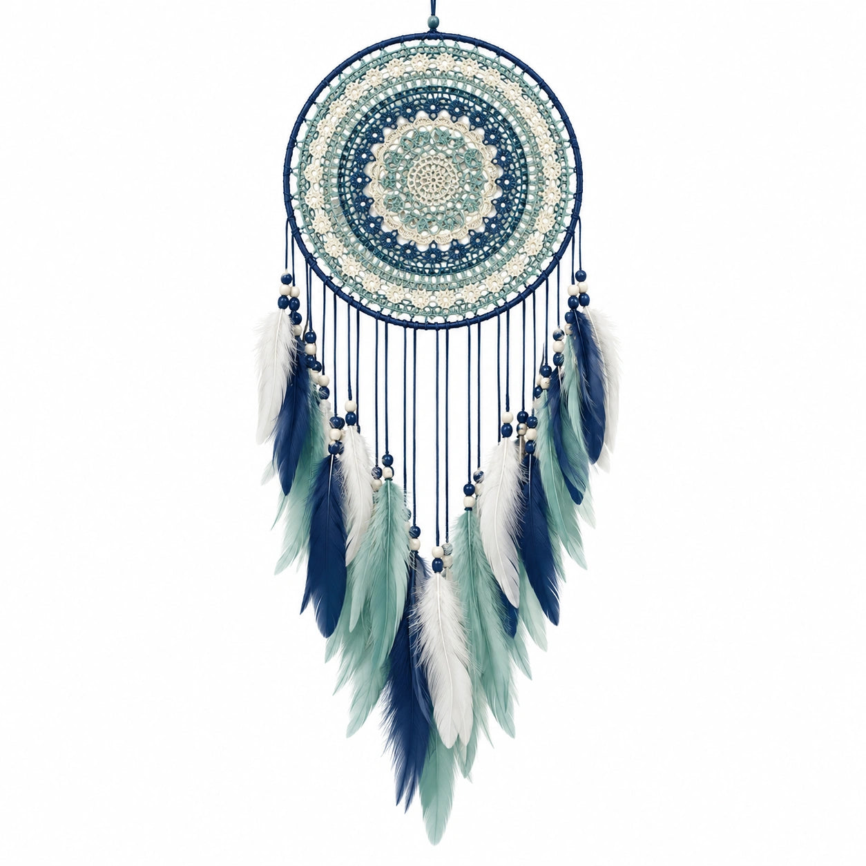 Attrape-rêves bohème plume bleu et blanc décoration murale