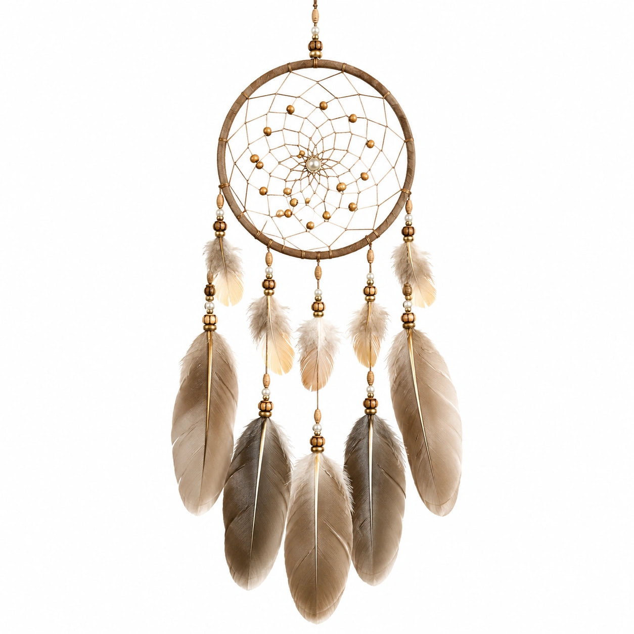 Attrape-rêves mural artisanal avec plumes beige et marron