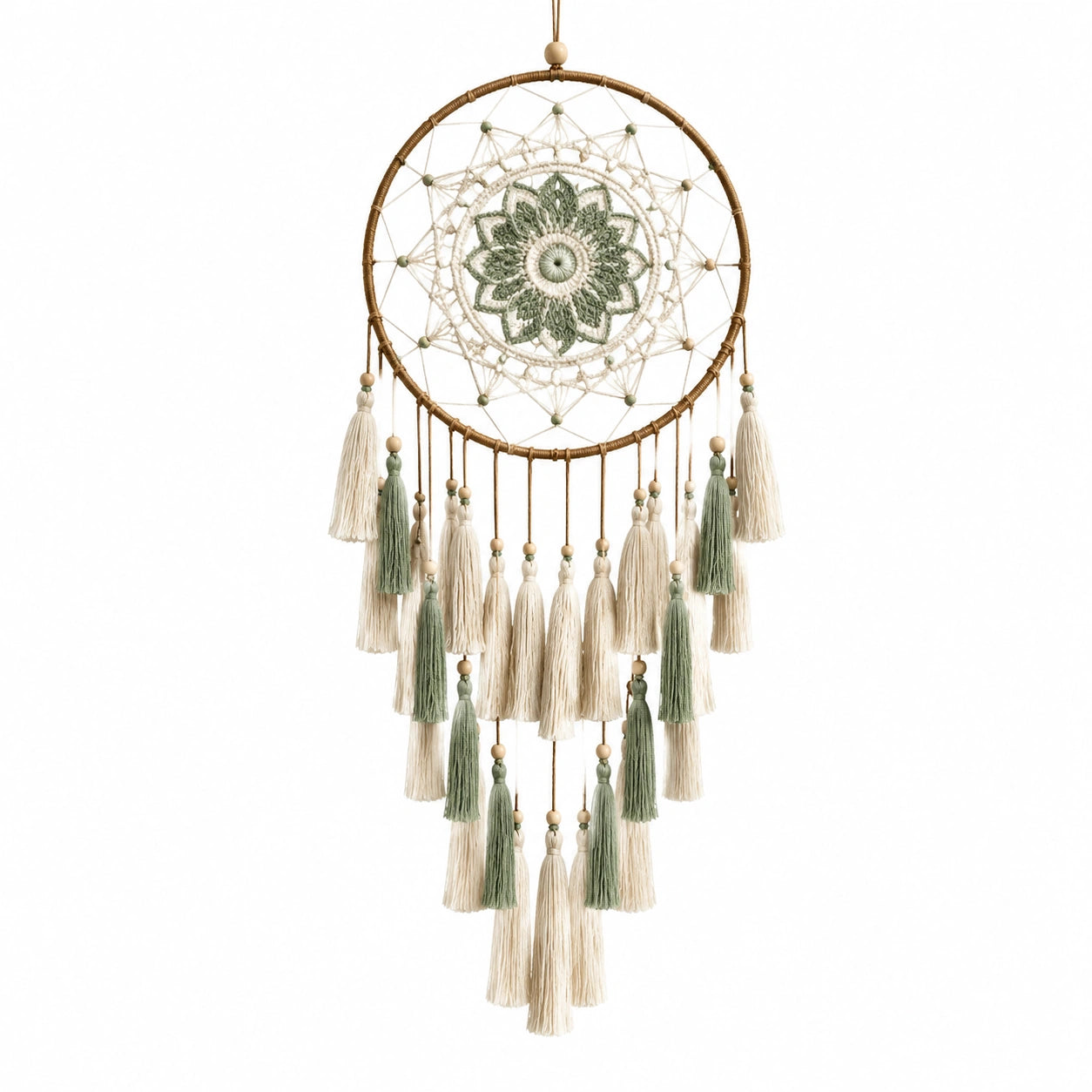 Attrape-rêves macramé bohème beige et vert 60x30 cm