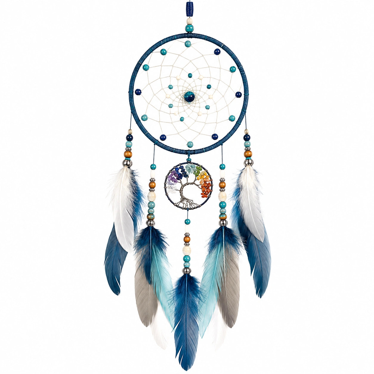 Capteur de Rêves Arbre de Vie avec Plumes Bleu et Blanc