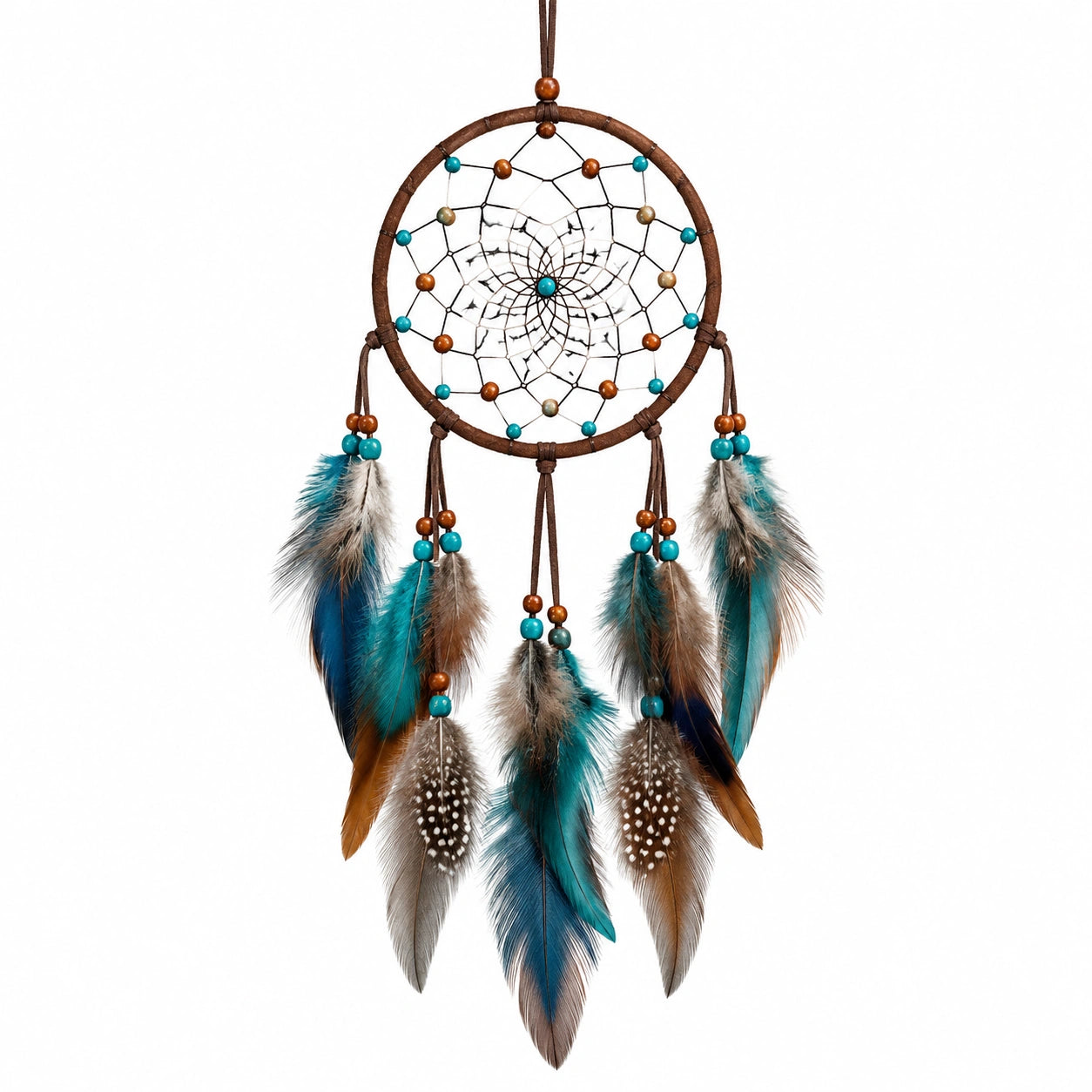 Attrape-rêves bohème marron et bleu avec plumes décoratives