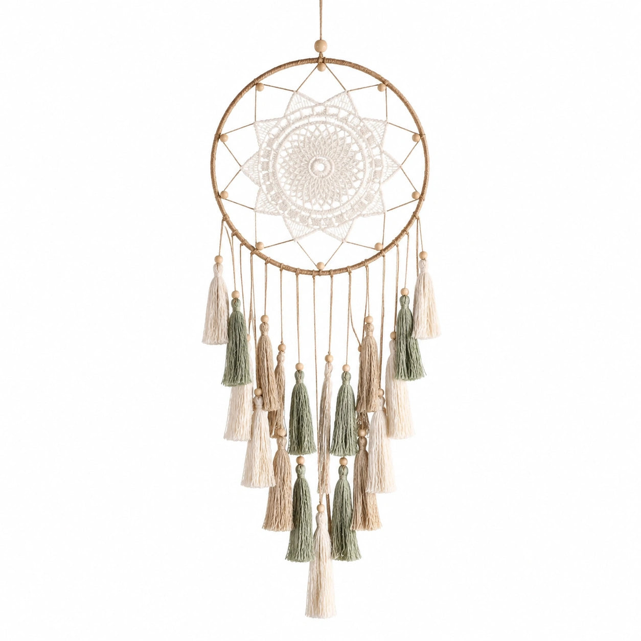 Attrape-rêves en macramé avec pompons beige et vert