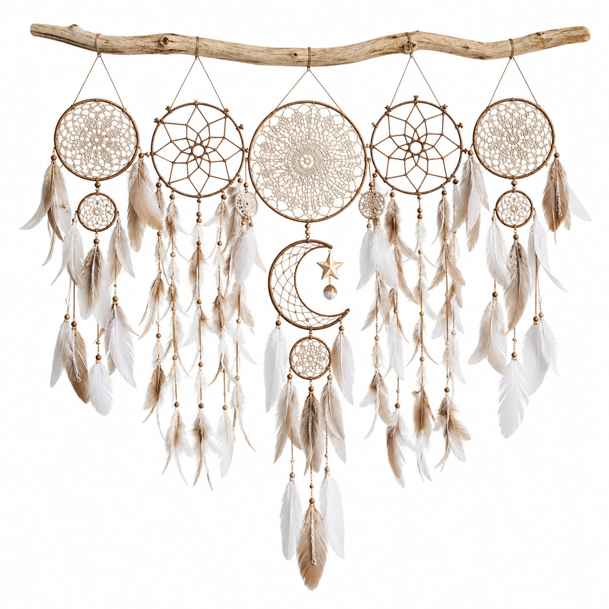 Attrape-rêves mural plumes beige et blanc avec touches bohèmes