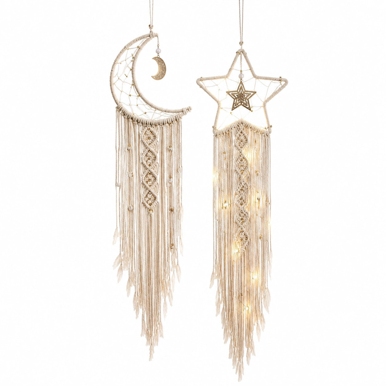 Décoration Murale Bohème Lune et Étoile avec Lumières LED Beige