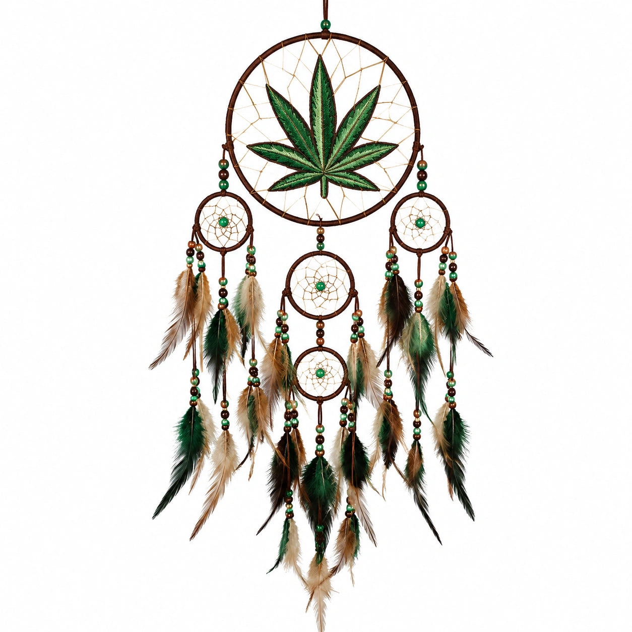 Attrape-Rêves Bohème Feuille et Plumes 75x30cm Vert/Beige/Marron