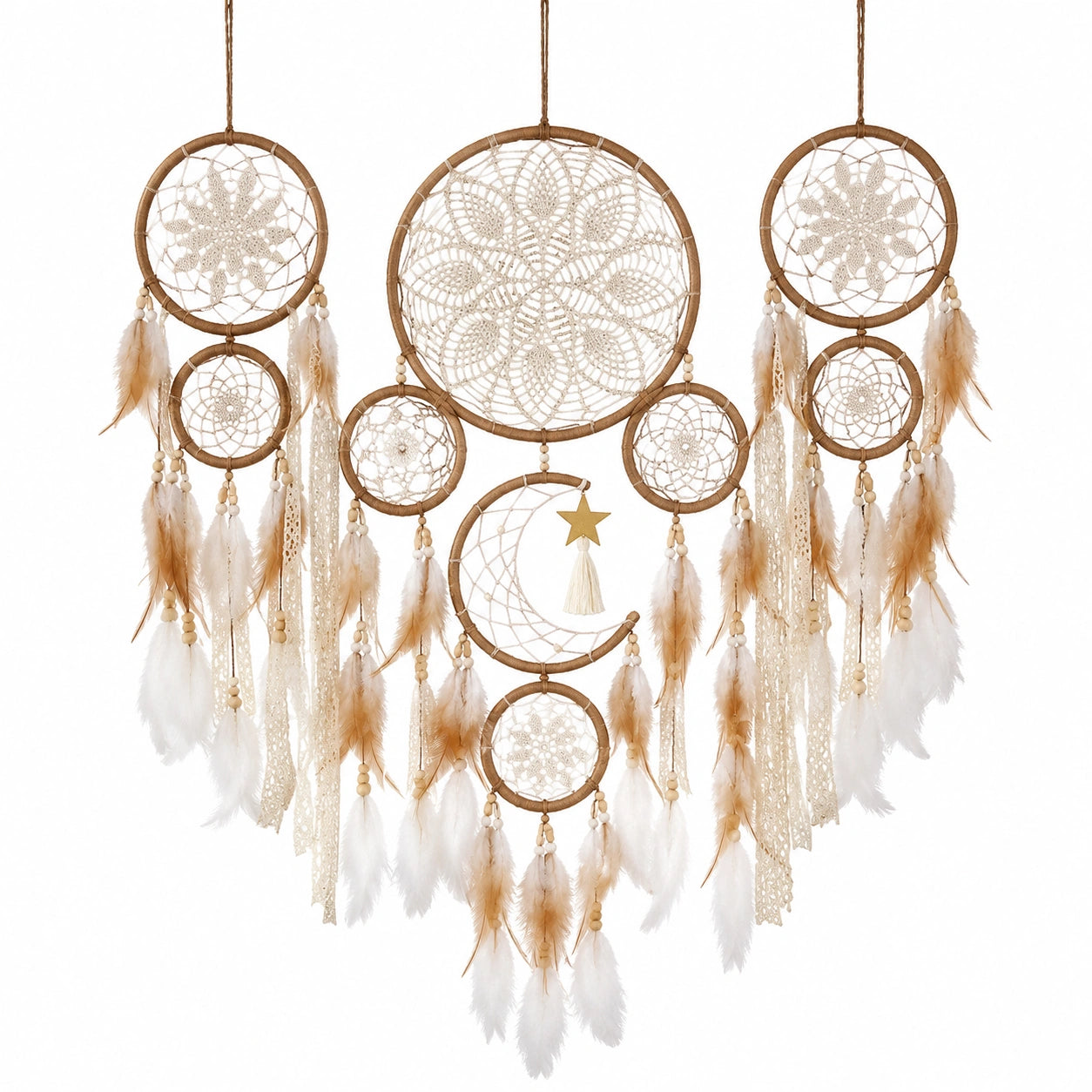 Attrape-rêves bohème plumes et dentelle beige et blanc