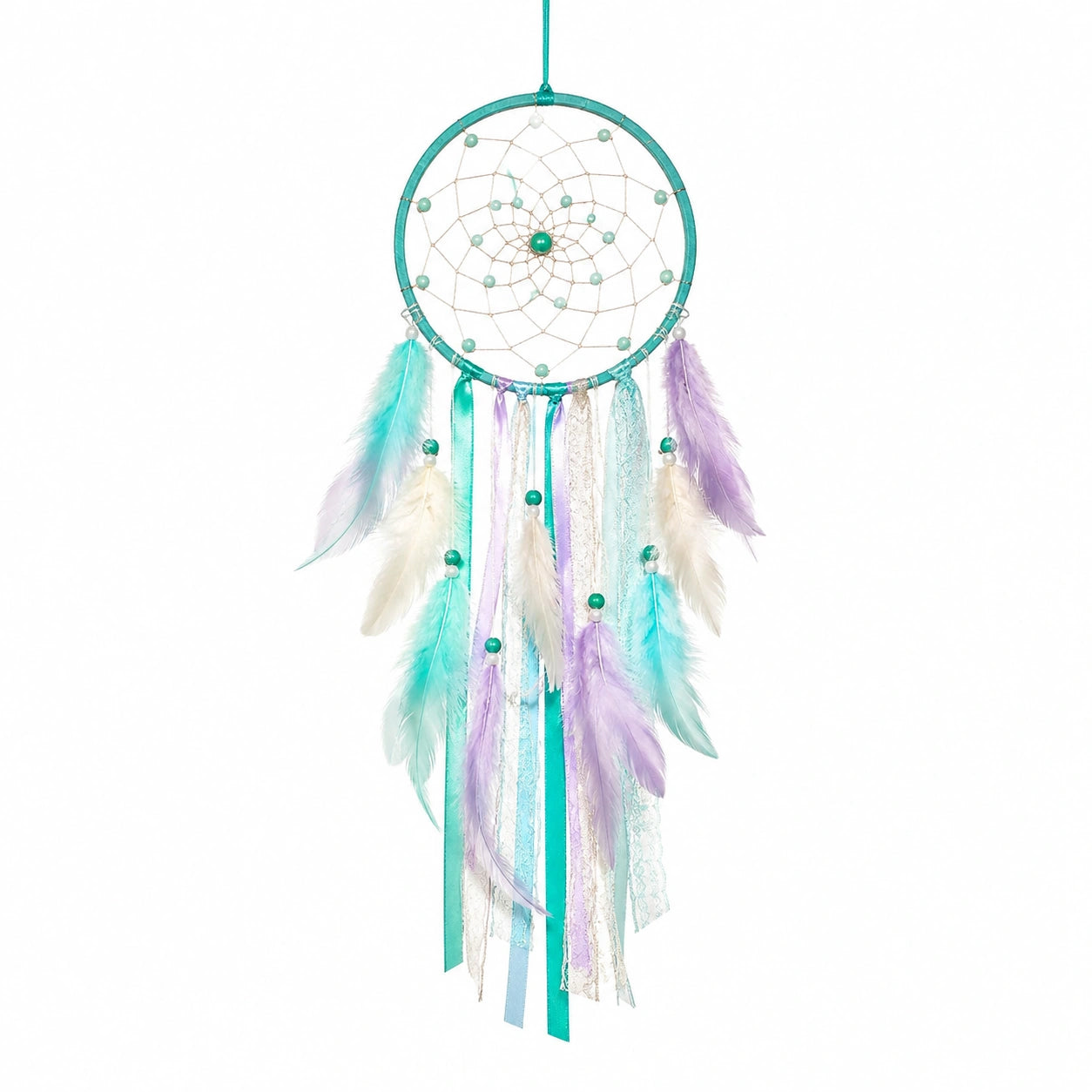 Attrape-rêves avec plumes multicolores turquoise/lilas/blanc 30x80 cm