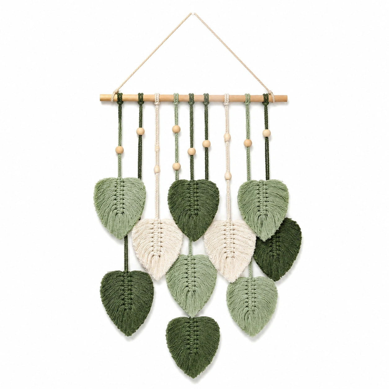 Tenture Murale en Macramé avec Feuilles Vertes et Beiges
