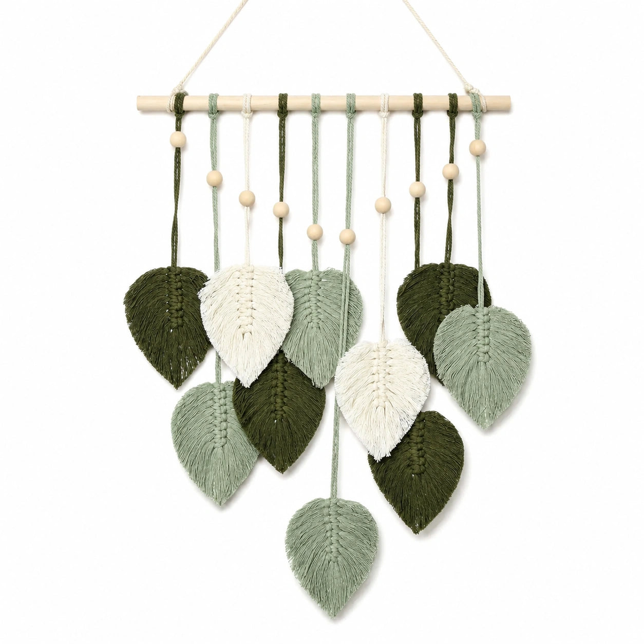 Tenture Murale Bohème en Macramé avec Feuilles Vertes et Blanches