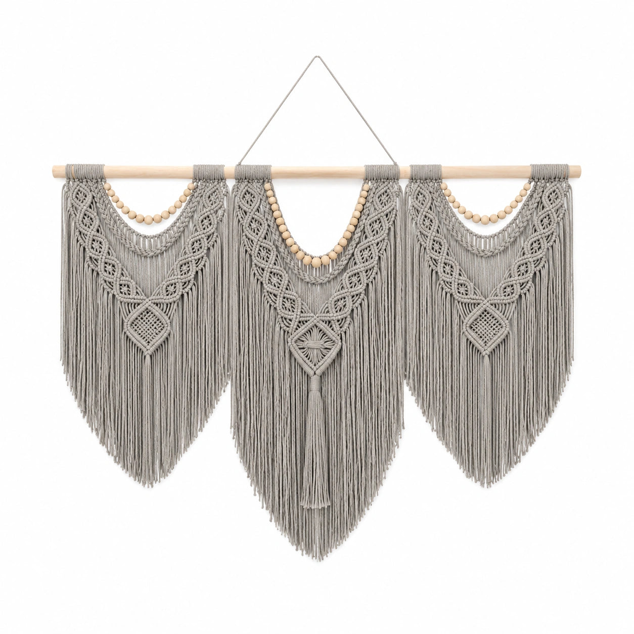 Décoration Murale Bohème en Macramé Gris avec Perles en Bois