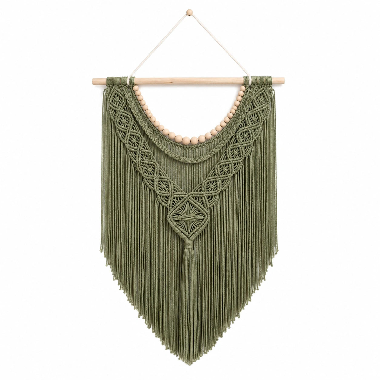 Décoration murale en macramé vert avec perles