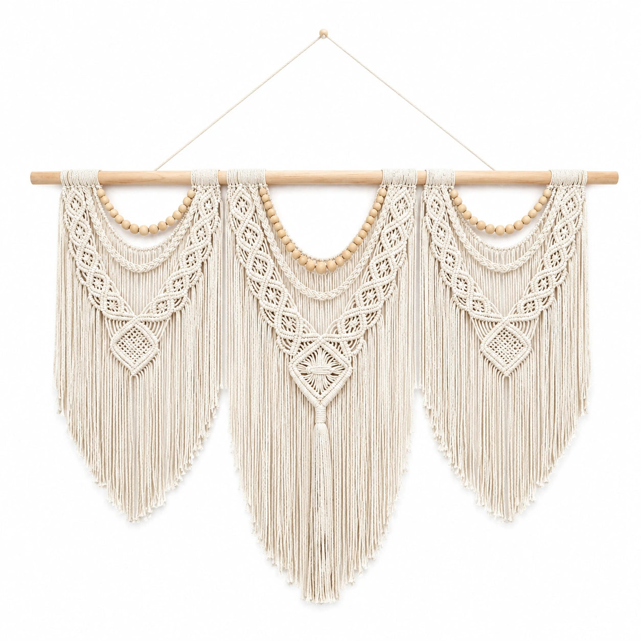 Décoration Murale en Macramé Bohème avec Perles en Bois - Blanc
