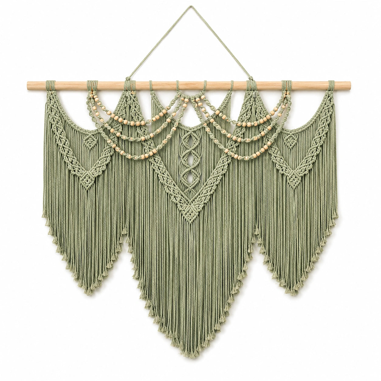 Décoration murale macramé vert olive avec perles en bois