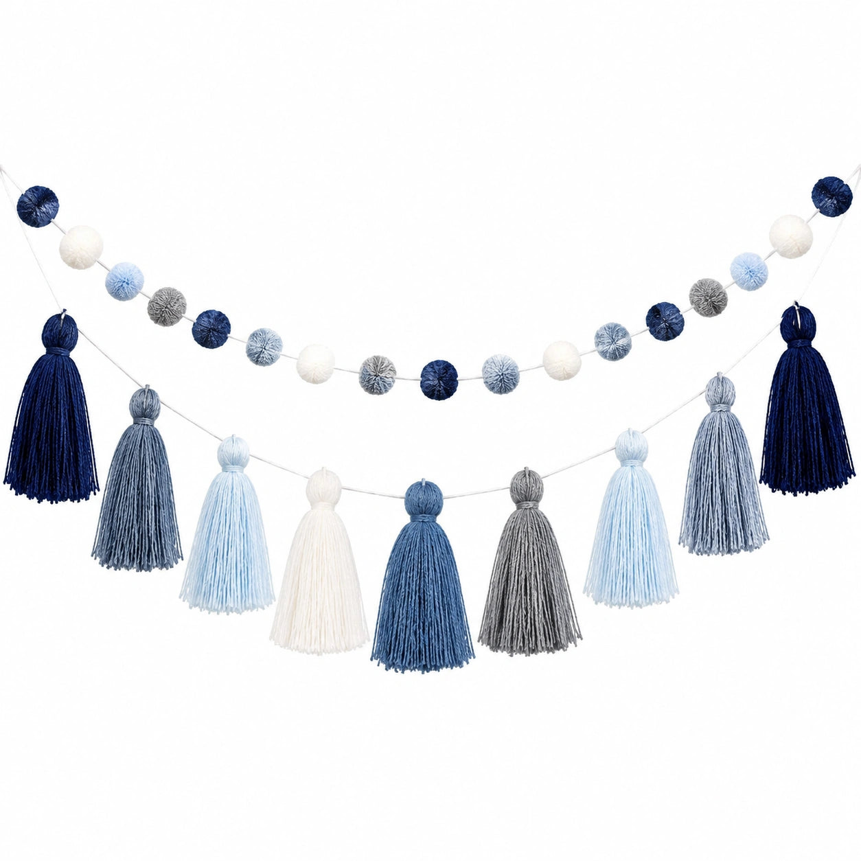 Guirlande de Pompons en Laine 200 cm Bleu, Gris et Blanc