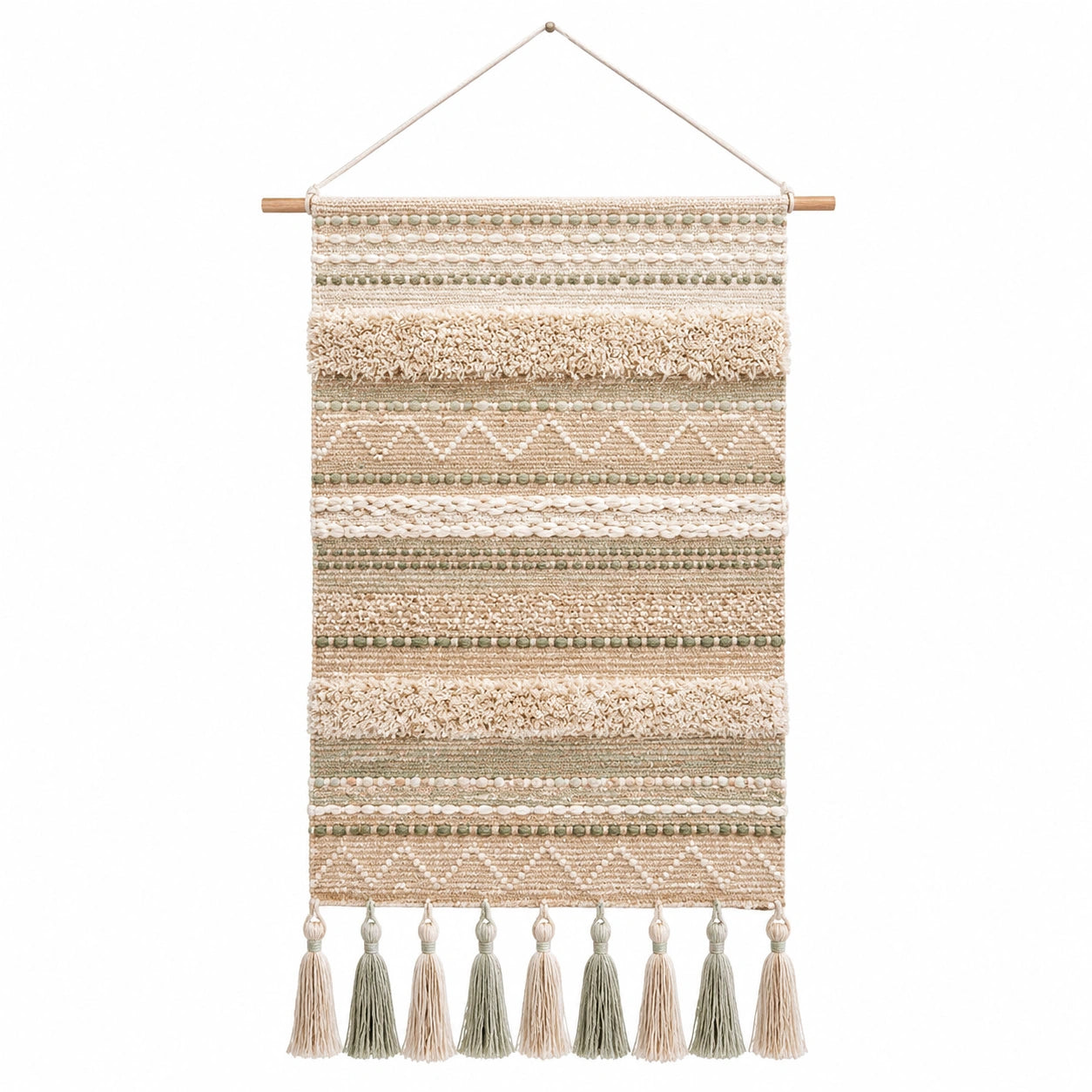 Tapisserie murale bohème avec pompons beige et vert